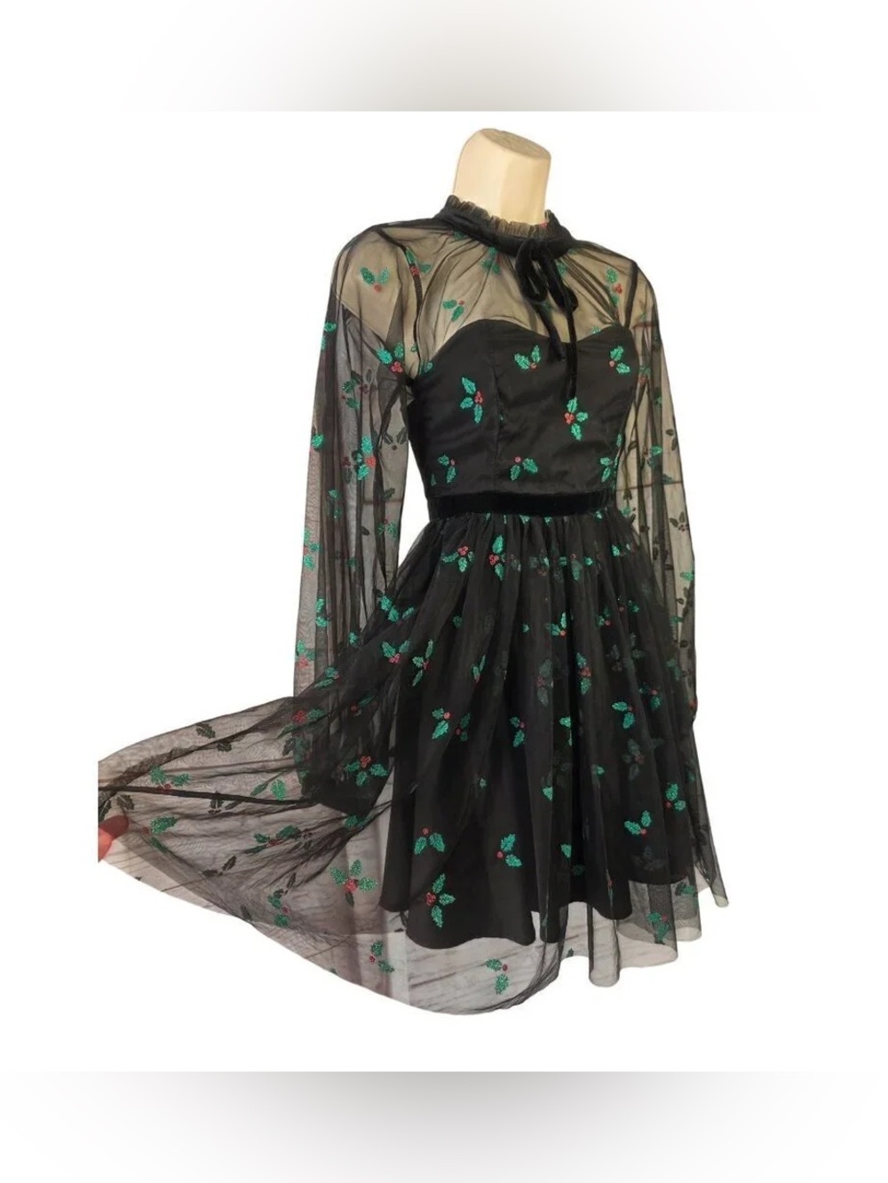 Unique Vintage Holly Festive Christmas Sheer Velvet Glitter Holiday Party Dress